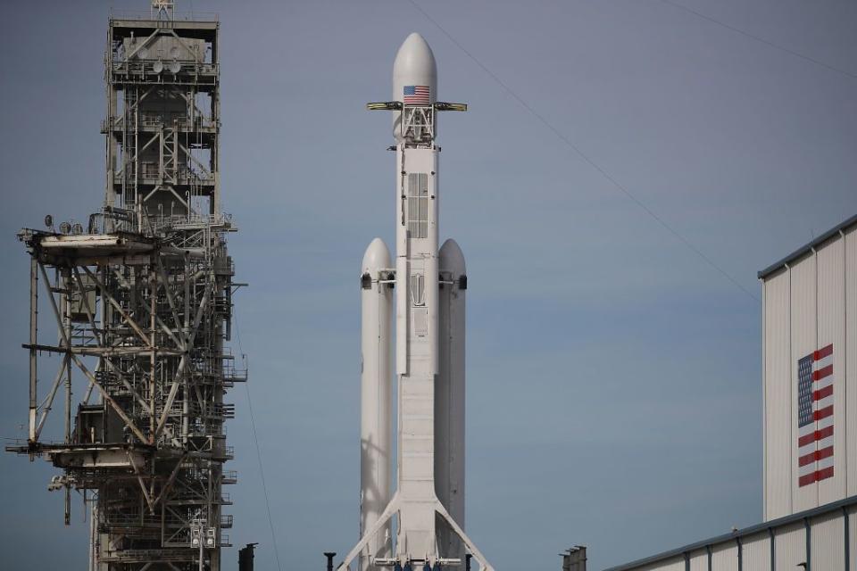 <p>The SpaceX Falcon Heavy rocket sits on launch pad 39A at Kennedy Space Center as it is prepared for lift-off on February 5, 2018 in Cape Canaveral, Florida. (Photo by Joe Raedle/Getty Images)</p>