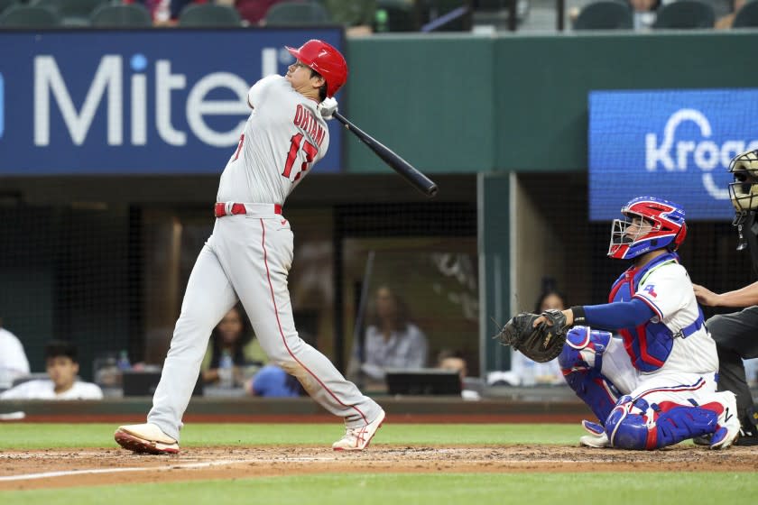 Los Angeles Angels Shohei Ohtani (17) follows through on a 2 RBI double