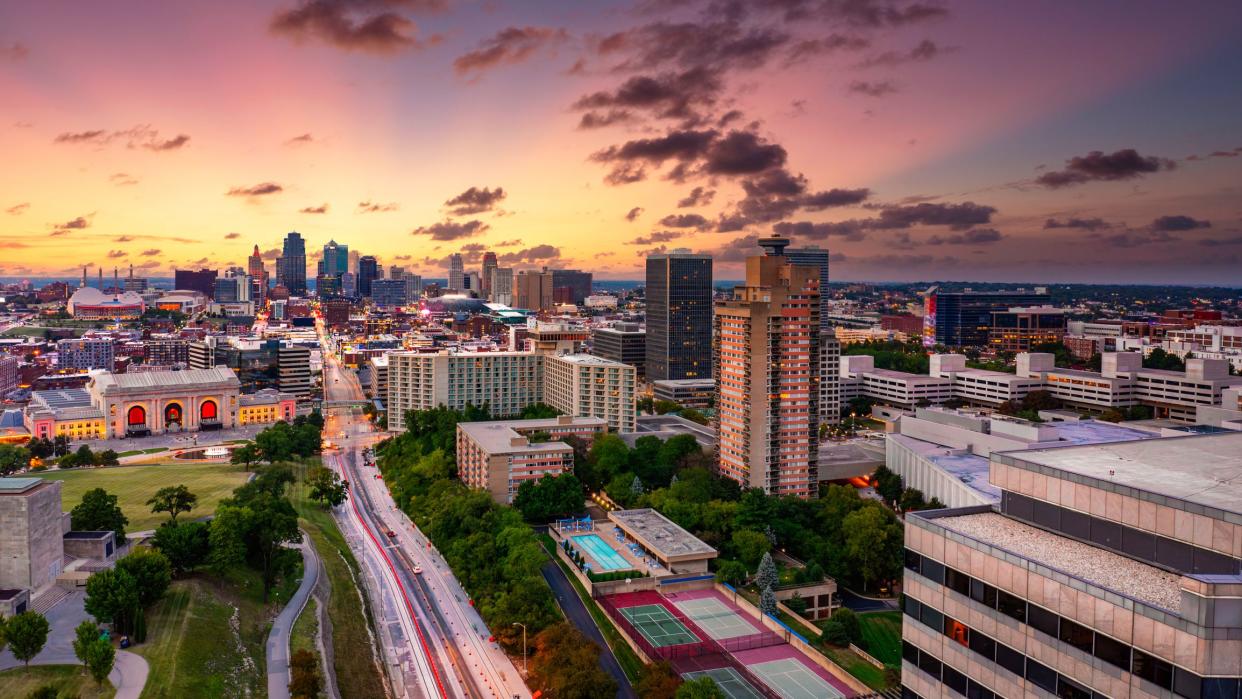 Aerial view of Kansas City skyline at dusk, viewed from Penn Valley Park. Kansas City is the largest city in Missouri.