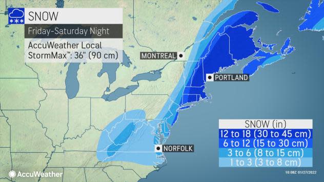 An AccuWeather map on Thursday morning shows Rhode Island getting 12 to 18 inches of snow.