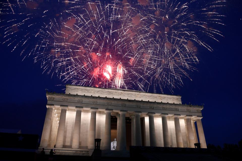 Erin Sprinkel, co-founder of Los Angeles-based event production company Sterling Social, recommends setting up a screen outside to stream an old fireworks show online for the Fourth of July.