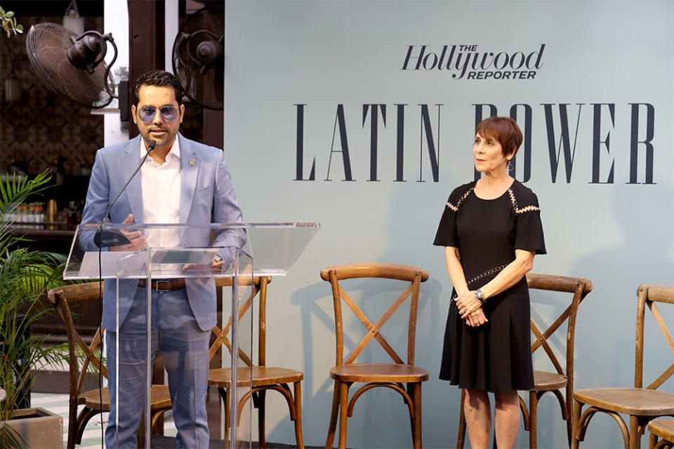 Marco Giron and Victoria Gold attend The Hollywood Reporter's Latin Power event, sponsored by Paramount+, United Airlines, and First Horizon Bank at Soho Beach House on November 08, 2023 in Miami Beach, Florida.