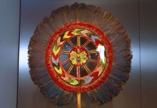 Mexican featherwork is displayed at Vienna's Museum of Ethnology. The Penacho is now being exhibited alongside other rare featherworks from ancient Mexico, including a shield, a large fan and intricate religious images