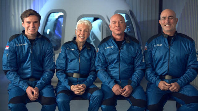 Blue Origin crew (left to right): Oliver Daemen, Wally Funk, Jeff Bezos and Mark Bezos. / Credit: CBS News