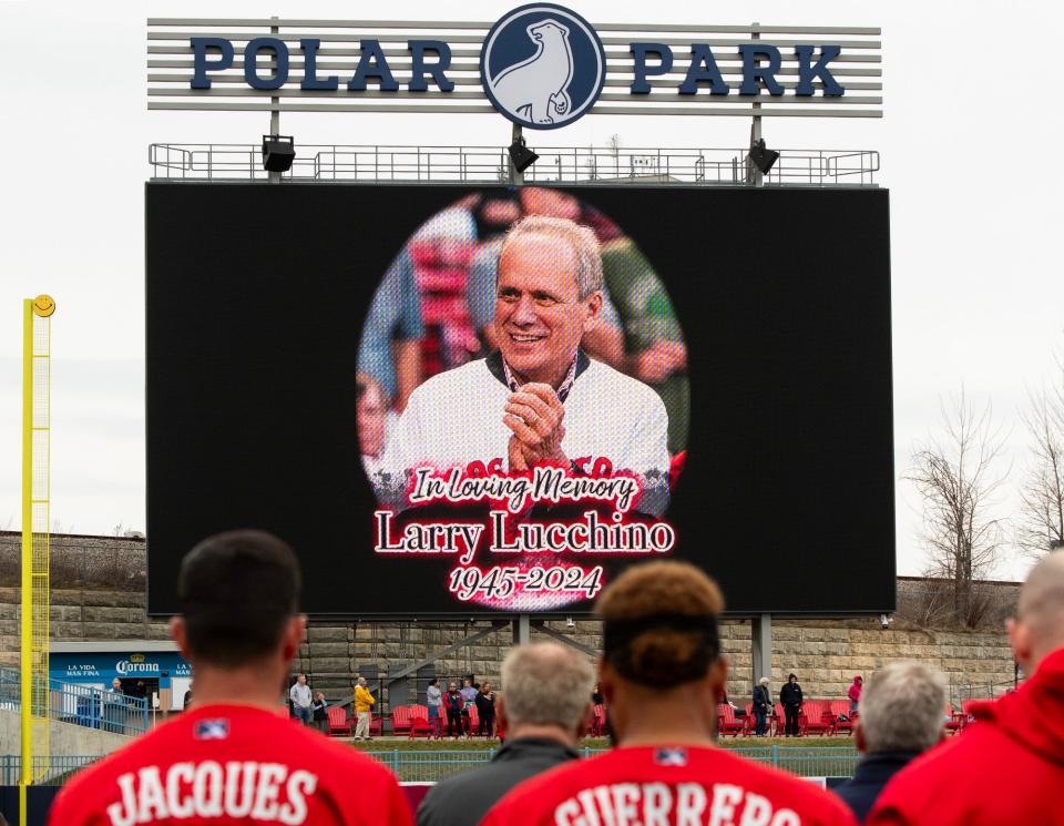 Worcester Red Sox chairman Larry Lucchino was honored with a moment of silence during the pre-game ceremony on opening day at Polar Park Tuesday.