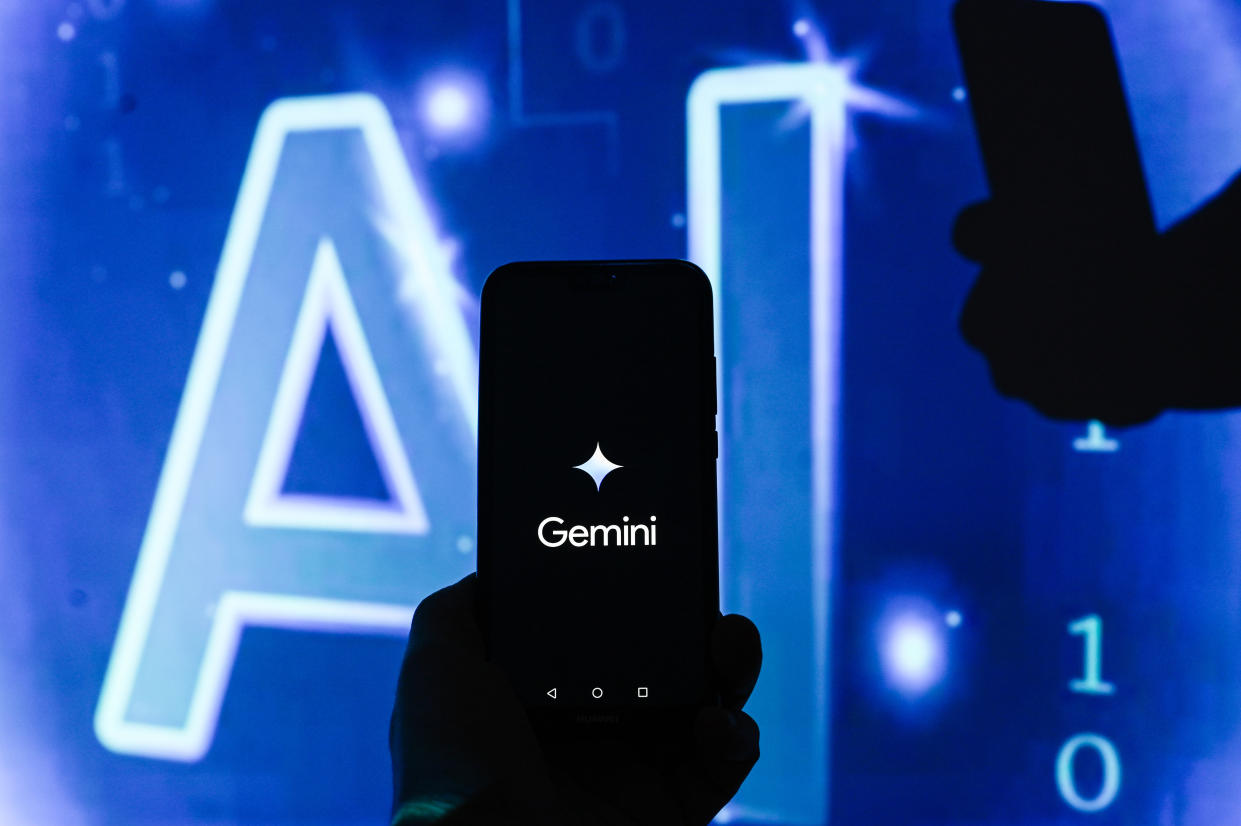 POLAND - 2024/01/04: In this photo illustration a Google Gemini logo is displayed on a smartphone with Artificial Intelligence (AI) symbol on the background. (Photo Illustration by Omar Marques/SOPA Images/LightRocket via Getty Images)