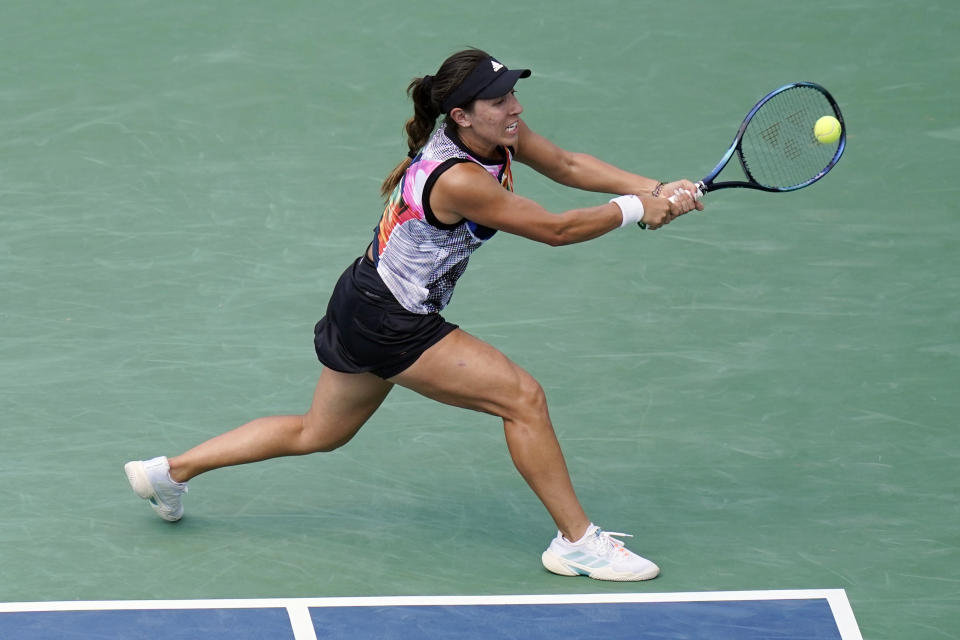 Jessica Pegula, of the United States, returns a shot during a match against Daria Saville, of Australia, at the Citi Open tennis tournament in Washington, Wednesday, Aug. 3, 2022. (AP Photo/Carolyn Kaster)