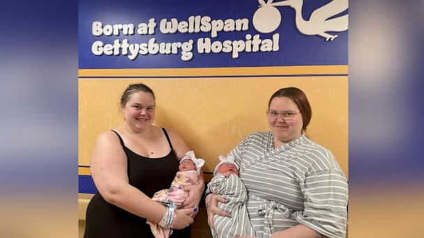 PHOTO: Twin sisters Tina Keefer and Rebecca Lawrence hold their newborn babies, who were born on the same day. (Tina Keefer/Rebecca Lawrence)