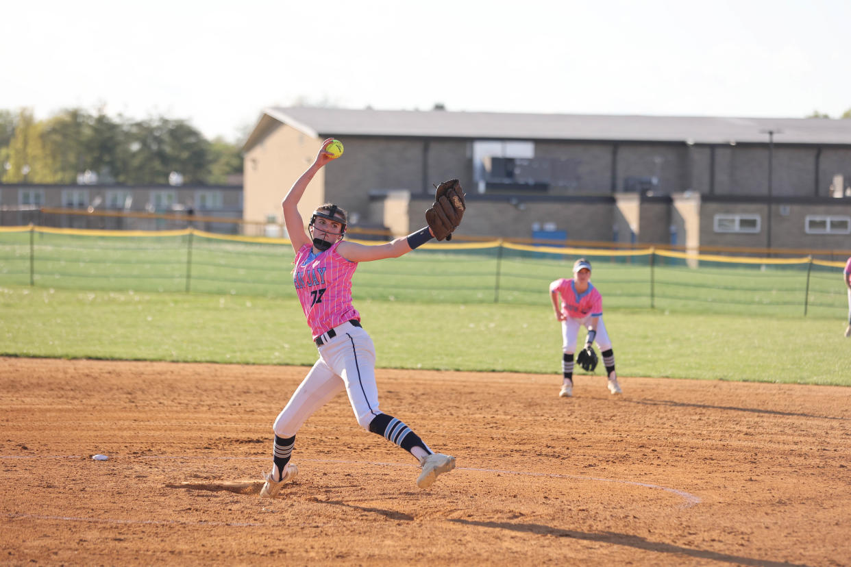 John Jay's Katie Barosa delivers a pitch against Carmel during John Jay's "Pink Out" game in which funds were raised for Miles of Hope Breast Cancer Foundation on May 1, 2024.
