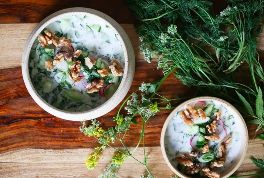 Bulgarian Soup With Kefir, Cucumbers, Dill, Walnuts, and Feta from At the Immigrant's Table