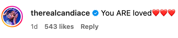 Profile icon of user therealcandice with text "You ARE loved" followed by heart emojis, indicating a supportive comment