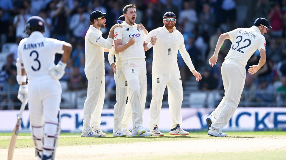 Ollie Robinson, pictured here celebrating after dismissing Virat Kohli in the third Test between England and India. 