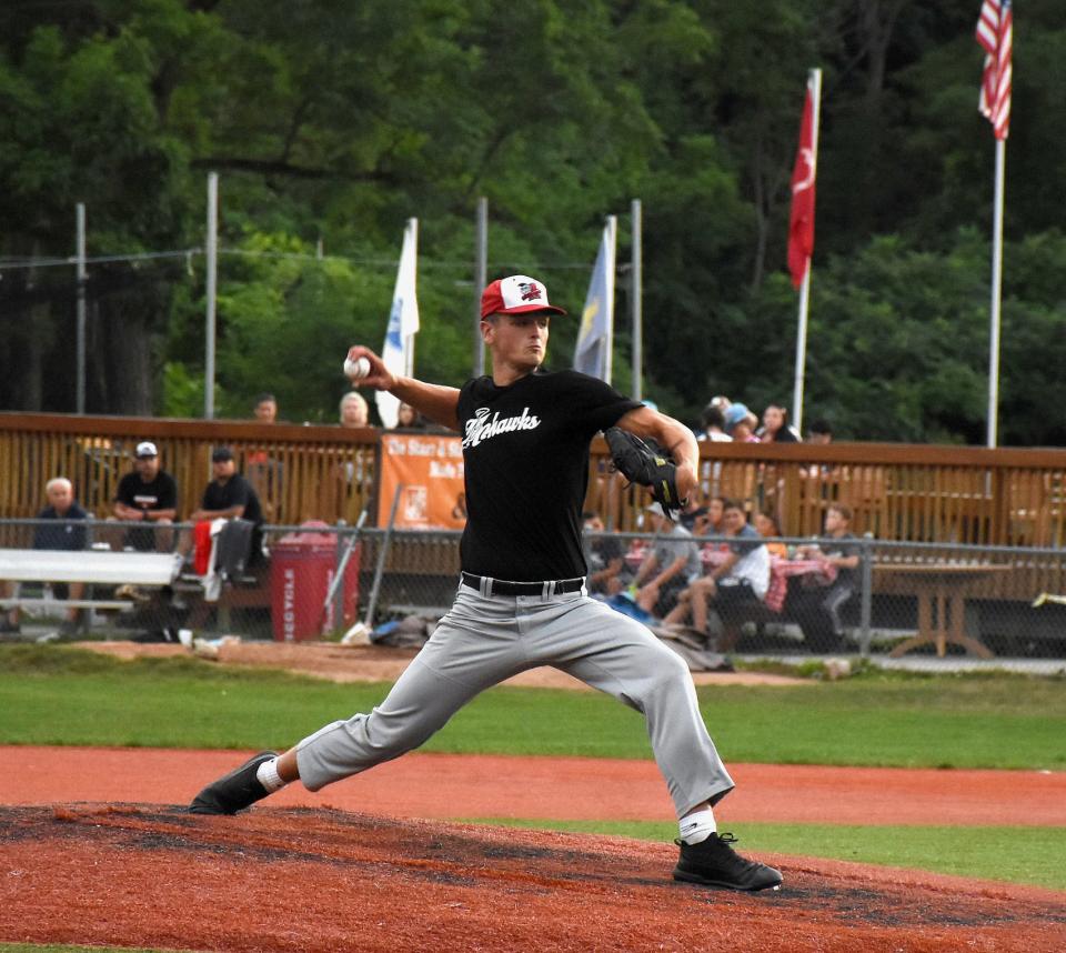 Von Baker pitches for the Amsterdam Mohawks during an Intercollegiate Baseball League game at Shuttleworth Park the summer after graduating from Oppenheim-Ephratah-St. Johnsville in 2020. Baker is with the Mohawks for a third summer this year in the Perfect Game Collegiate Baseball League.