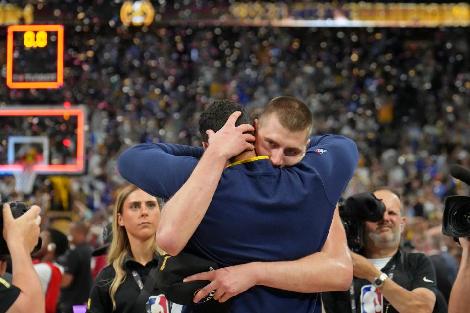 Nuggets center and NBA Finals MVP Nikola Jokic celebrates after Denver's NBA Finals victory against the Heat at Ball Arena in Denver on June 12, 2023.