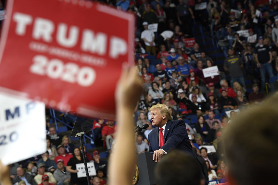 President Donald Trump speaks during a campaign rally in Lexington, Ky., Monday, Nov. 4, 2019. (AP Photo/Susan Walsh)