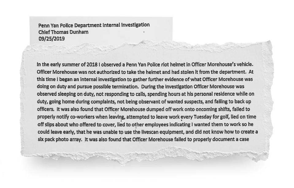 Penn Yan Police Department documents on incidents with Officer Jeffrey Morehouse