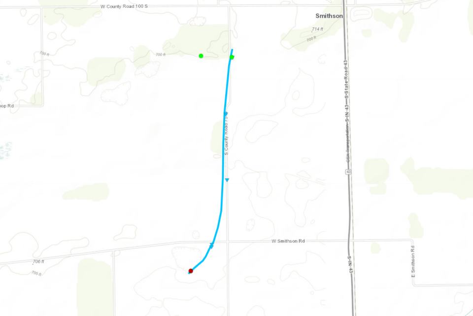 The path of a confirmed tornado during March 31, 2023 storms near Smithson in White County.