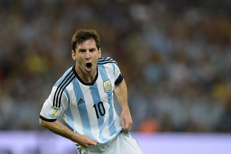 Argentina's captain Lionel Messi celebrates after scoring a goal against Bosnia-Hercegovina, at the Maracana Stadium in Rio De Janeiro, during the FIFA World Cup, on June 15, 2014