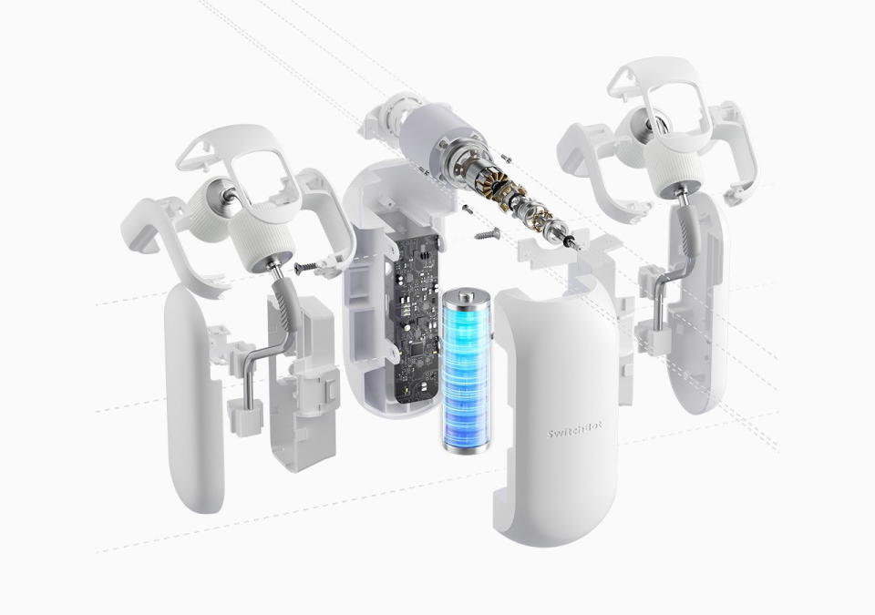 Graphic breaks down the SwitchBot smart curtain rod into its individual components.