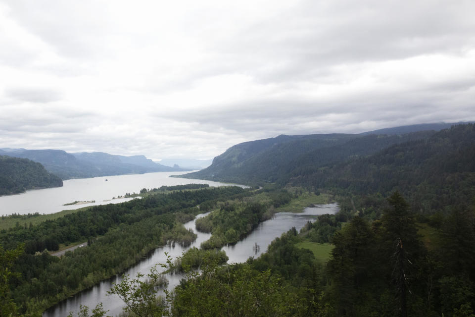 The Columbia Gorge is seen on May 21, 2023, in Corbett, Ore. A young woman died after falling off a cliff while hiking in Oregon's Columbia River Gorge, officials said Monday, May 20, 2024. The woman was hiking with friends near Horsetail Falls, about 35 miles on Sunday. After separating from the group and going off trail, she fell an estimated 50 to 60 feet, the Multnomah County Sheriff's Office said in an emailed statement. (AP Photo/Jenny Kane)