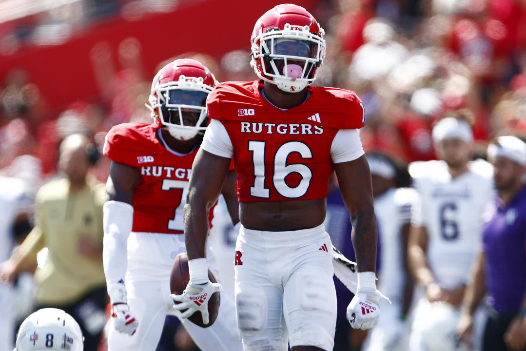 PISCATAWAY, NEW JERSEY - SEPTEMBER 3: Defensive back Max Melton #16 of the Rutgers Scarlet Knights celebrates his interception against the Northwestern Wildcats during the second quarter of a college football game at SHI Stadium on September 3, 2023 in Piscataway, New Jersey. (Photo by Rich Schultz/Getty Images)