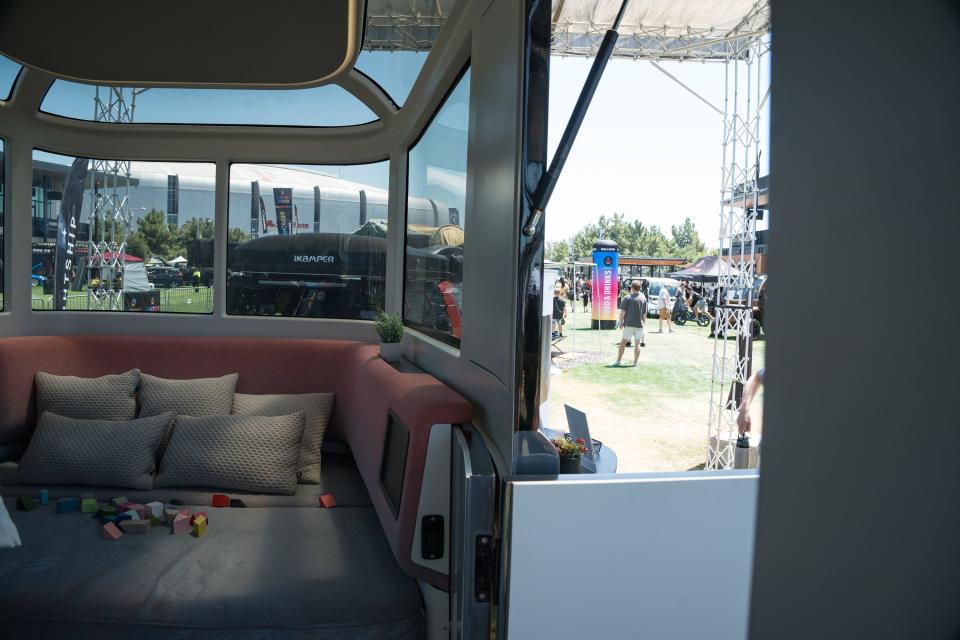 A model of the Lightship L1 electric travel trailer is displayed at the Electrify Expo outside State Farm Stadium on May 4, 2024 in Glendale, Ariz.