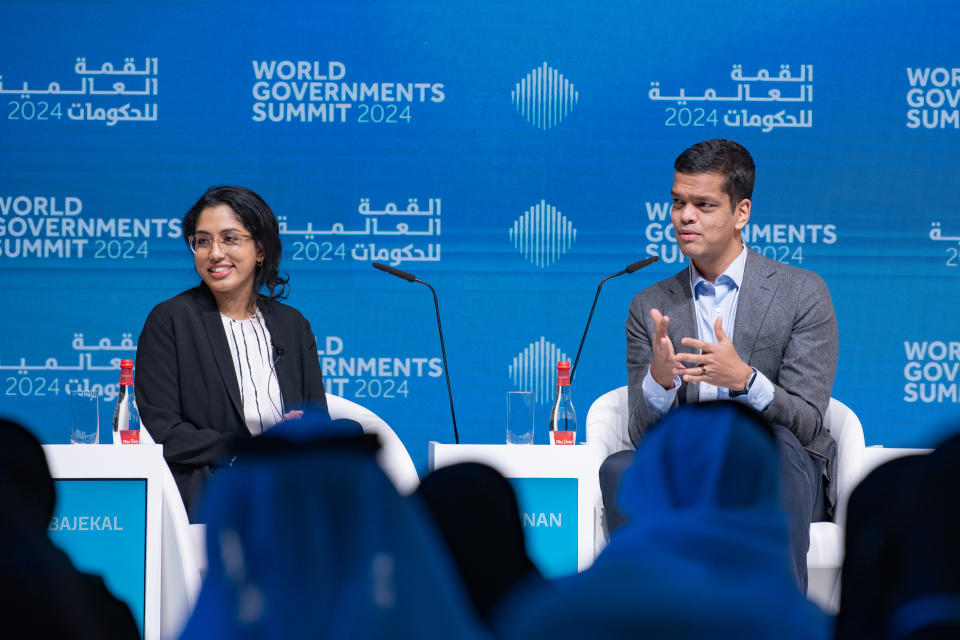 TIME Executive Editor Naina Bajekal, left, and venture capitalist Sriram Krishnan, at the World Governments Summit.<span class="copyright">Courtesy World Governments Summit</span>