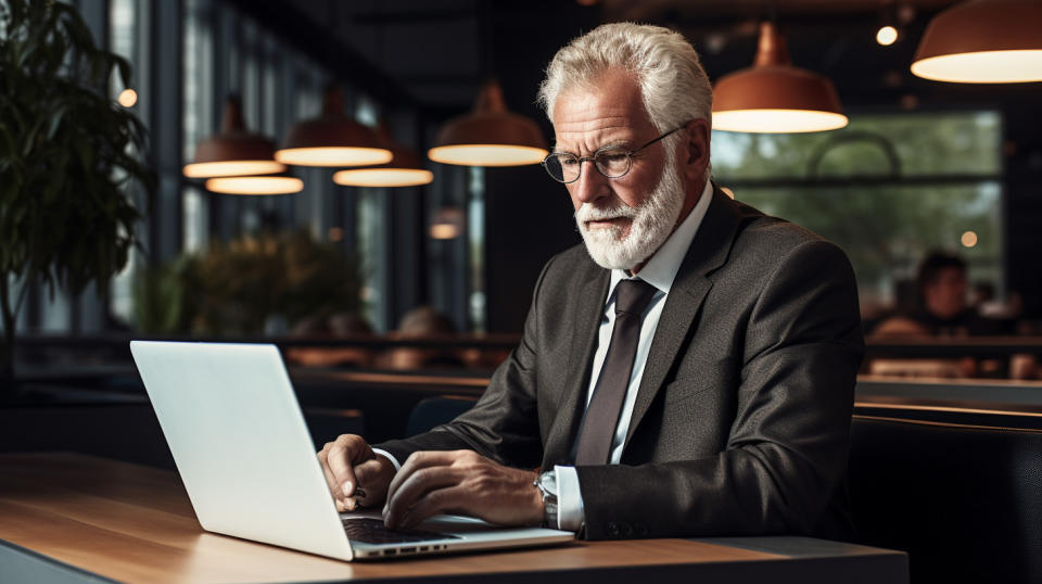 A senior executive managing a global advertising campaign from their laptop.