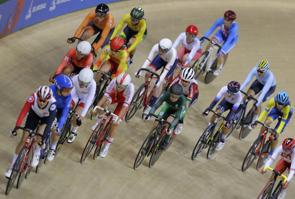 Sportsmen compete at women's points race of the Track Cycling events during the Second European Games in Minsk, Belarus, Thursday, June 27, 2019. (AP Photo/Sergei Grits)
