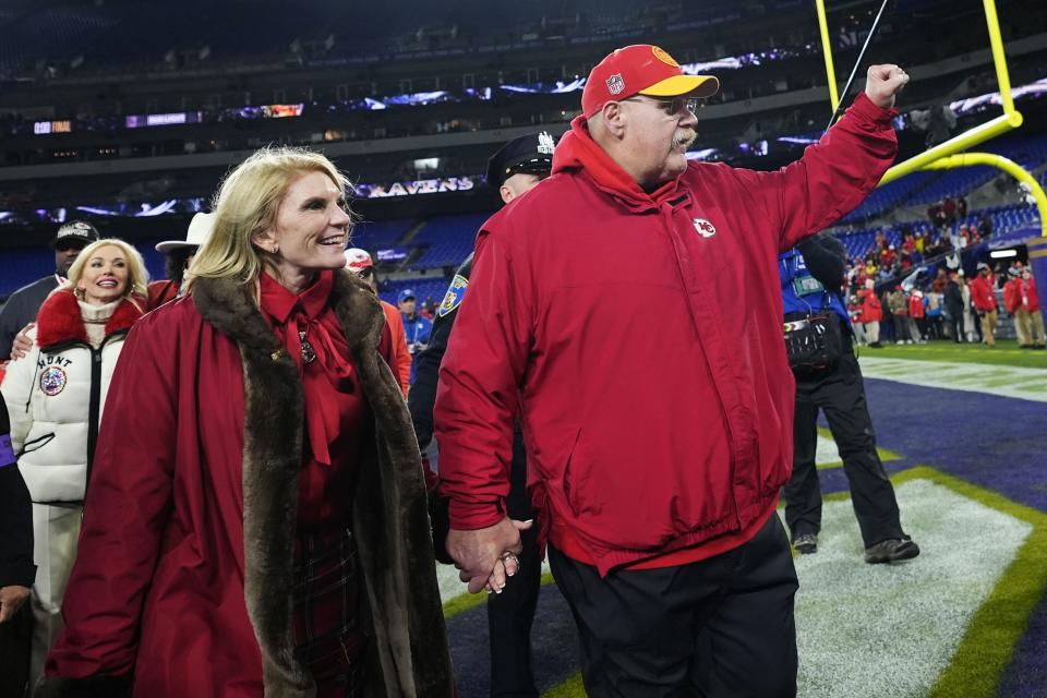 Kansas City Chiefs head coach Andy Reid walks off the field with his wife Tammy Reid after the AFC Championship NFL football game against the Baltimore Ravens, Sunday, Jan. 28, 2024, in Baltimore. The Chiefs won 17-10. | Matt Slocum, Associated Press