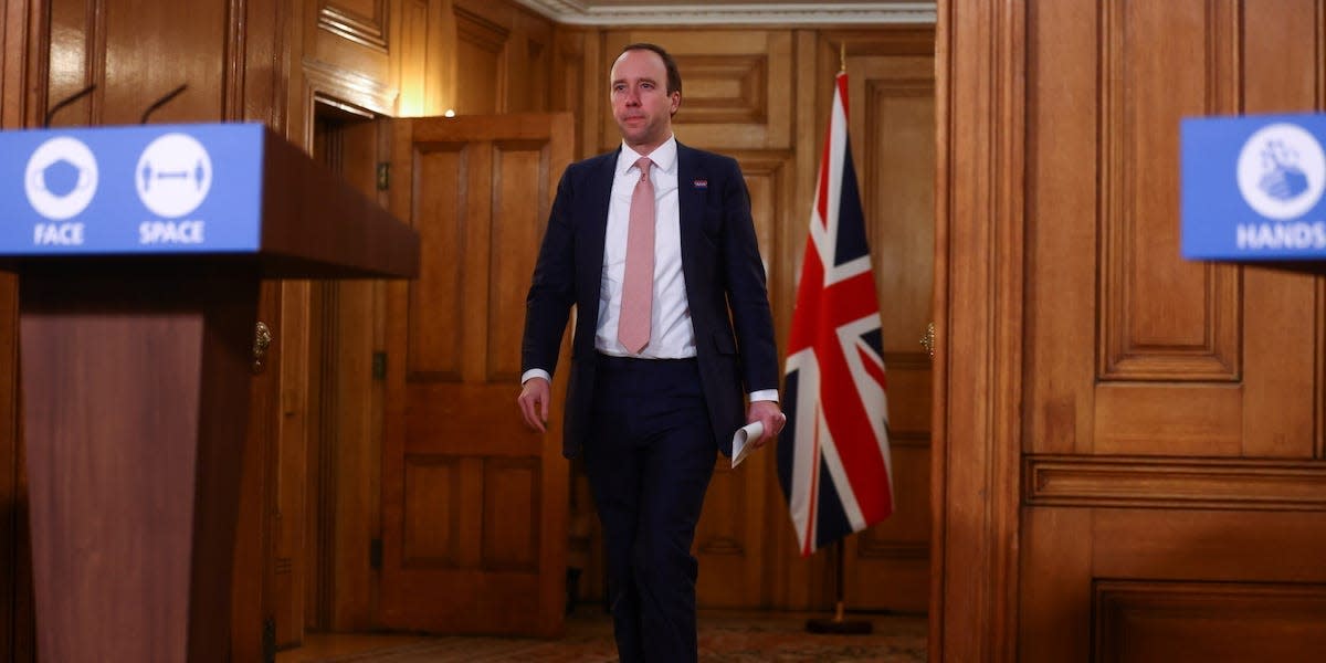 Britain's Health Secretary Matt Hancock arrives at a news conference at 10 Downing Street, amid the coronavirus disease (COVID-19) outbreak, in London, Britain December 10, 2020. REUTERS/Simon Dawson/Pool