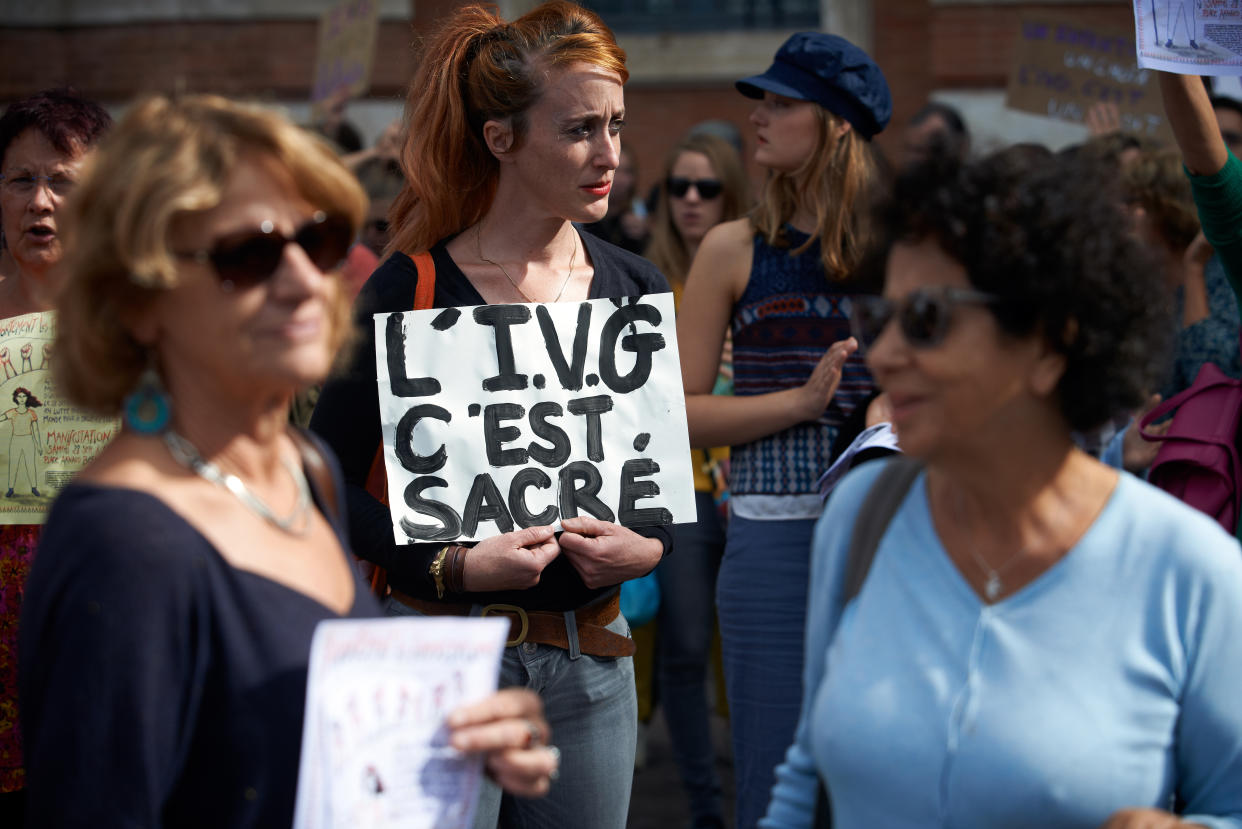 A Woman (memeber of the Femen group) holds a placard reading 'Right to abort is sacred'. Women and men took to the streets for the right to abort. They say that this right in France is being limited by lack of doctors, infrastructures and lack of information. They also march for women in countries where this right is non-existent or limited to certain cases. Similar protest took place elsewhere in France. Toulouse. France. September 28th 2019. (Photo by Alain Pitton/NurPhoto via Getty Images)