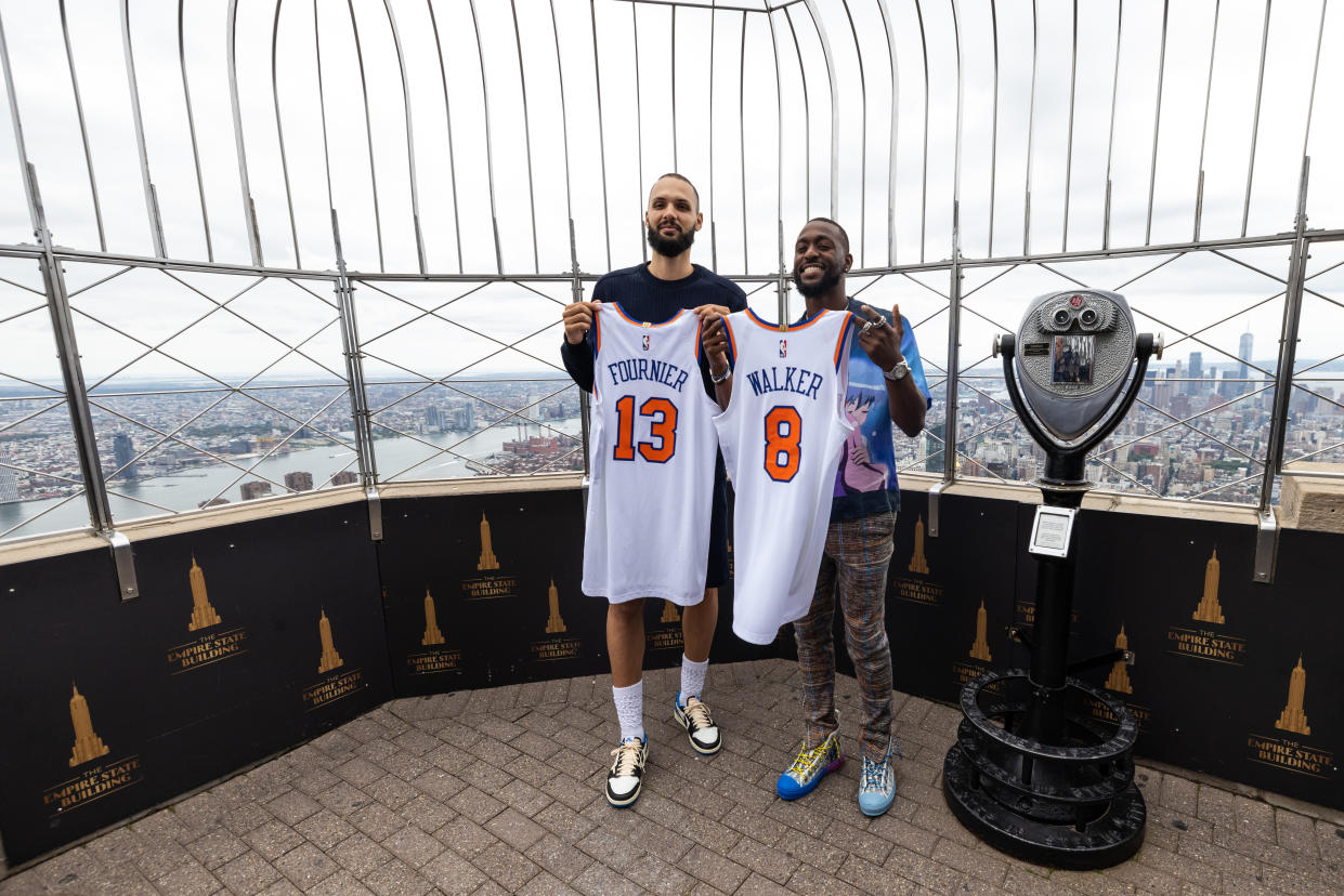 NEW YORK, NY - AUGUST 17: Evan Fournier #13 and Kemba Walker #8 of the New York Knicks 