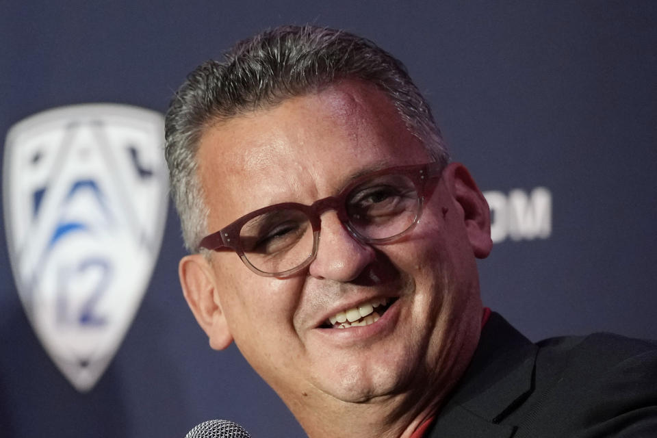 FILE - Washington State head coach Kyle Smith speaks during a news conference at the Pac-12 Conference NCAA college basketball media day Wednesday, Oct. 11, 2023, in Las Vegas. Smith is the AP All-Pac-12 coach of the year in voting released Tuesday, March 12, 2024.(AP Photo/John Locher, File)