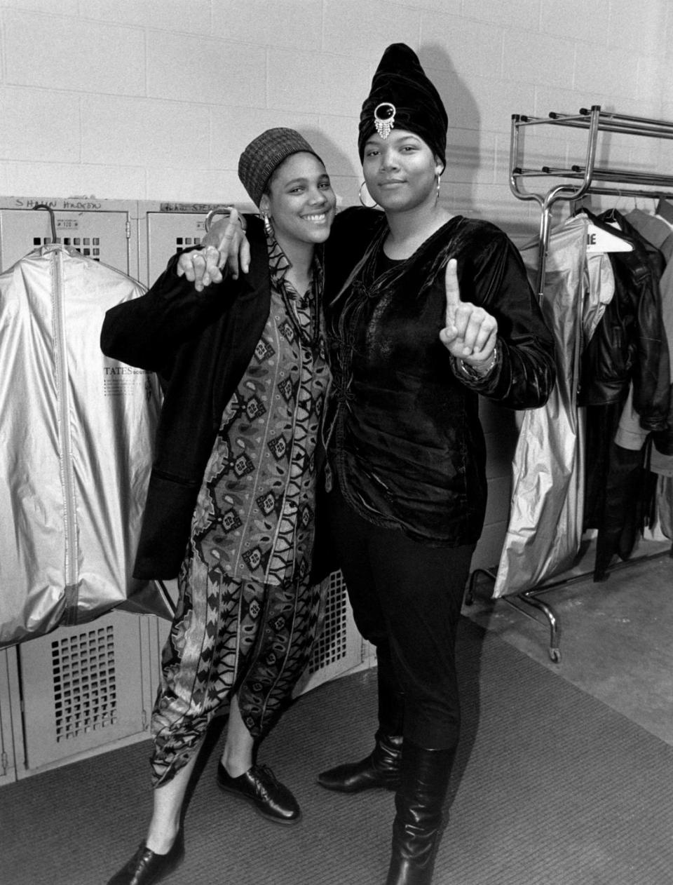 <p>Rapper Queen Latifah poses with fellow musician, Monie Love, backstage in Gary, Indiana in 1989. Queen Latifah released her debut studio album, <em>All Hail the Queen</em>, this same year. </p>