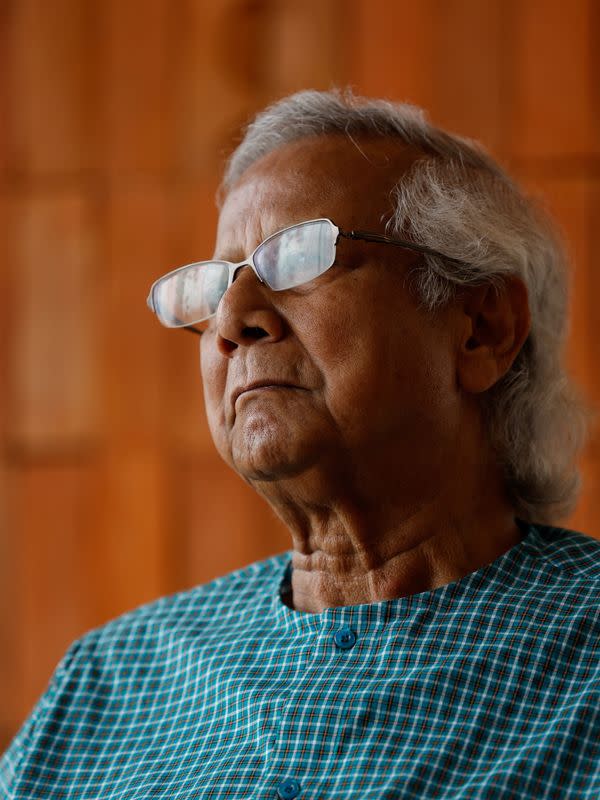 Bangladeshi Nobel Peace Prize winner Dr. Muhammad Yunus is pictured while sitting for an interview with Reuters in his office, in Dhaka