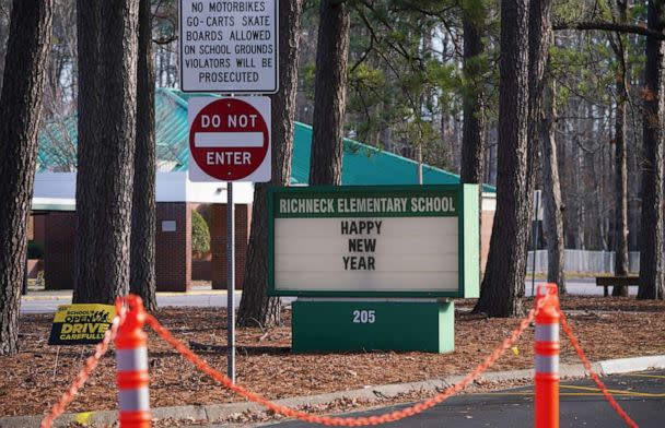 PHOTO: A school sign wishing students a 'Happy New Year' is seen outside Richneck Elementary School, Jan. 7, 2023, in Newport News, Virginia. (Jay Paul/Getty Images)