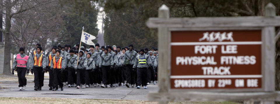 This Wednesday, Feb. 22, 2006 file photo shows members of Alpha Company of the 244th Quartermasters battalion march to the physical fitness track at the Ft. Lee Army base in Ft. Lee, Va. As much as President Donald Trump enjoys talking about winning and winners, the Confederate generals he vows will not have their names removed from U.S. military bases were not only on the losing side of rebellion against the United States, some weren't even considered good generals. Or even good men. The 10 generals include some who made costly battlefield blunders; others mistreated captured Union soldiers, some were slaveholders, and one was linked to the Ku Klux Klan after the war. (AP Photo/Steve Helber, File)