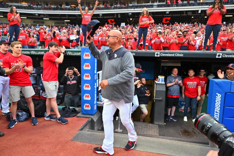 CLEVELAND, OHIO – SEPTEMBER 27: Manager Terry Francona #77 of the Cleveland Guardians waves to the fans prior to the game against the Cincinnati Reds at Progressive Field on September 27, 2023 in Cleveland, Ohio. The final home game of the 2023 Cleveland Guardians season is expected to be the last home game for Terry Francona, who will likely announce his retirement after the 2023 season. (Photo by Jason Miller/Getty Images)