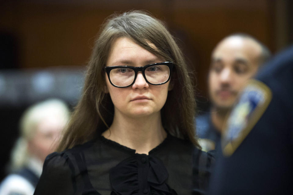 FILE - In this April 25, 2019, file photo, Anna Sorokin, who claimed to be a German heiress, returns to the courtroom during her trial on grand larceny and theft of services charges in New York. Sorokin, who is currently under house arrest in New York, has a new podcast, “The Anna Delvey Show.” (AP Photo/Mary Altaffer, File)