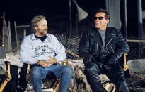 <p>James Cameron and Arnold Schwarzenegger relaxing on set.</p>