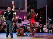 Jordan Burroughs (USA), right, defeats Luis Esteban Quintana Martinez (Cuba) in the men’s freestyle 74 kg/163 lbs at Times Square. Mandatory Credit: Robert Deutsch-USA TODAY Sports