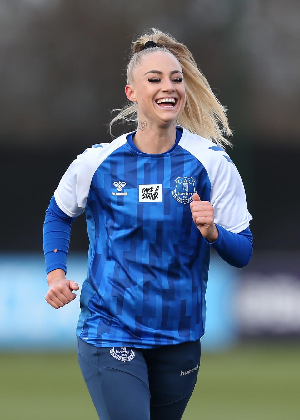 LIVERPOOL, ENGLAND - JANUARY 31: Alisha Lehmann of Everton warms up prior to the Barclays FA Women's Super League match between Everton Women and Manchester United Women at Walton Hall Park on January 31, 2021 in Liverpool, England. Sporting stadiums around the UK remain under strict restrictions due to the Coronavirus Pandemic as Government social distancing laws prohibit fans inside venues resulting in games being played behind closed doors. (Photo by Lewis Storey/Getty Images)