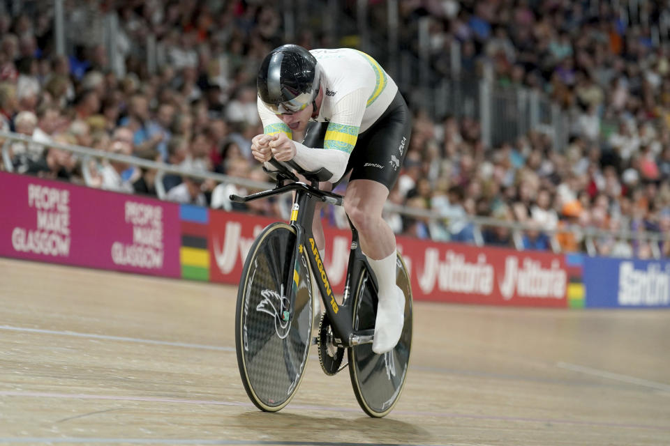 Australia's Thomas Cornish competes and takes the bronze medal in the Men's Elite 1km Time Trial Final on day six of the 2023 UCI Cycling World Championships in Glasgow, Scotland, Tuesday, Aug. 8, 2023. (Tim Goode/PA via AP)