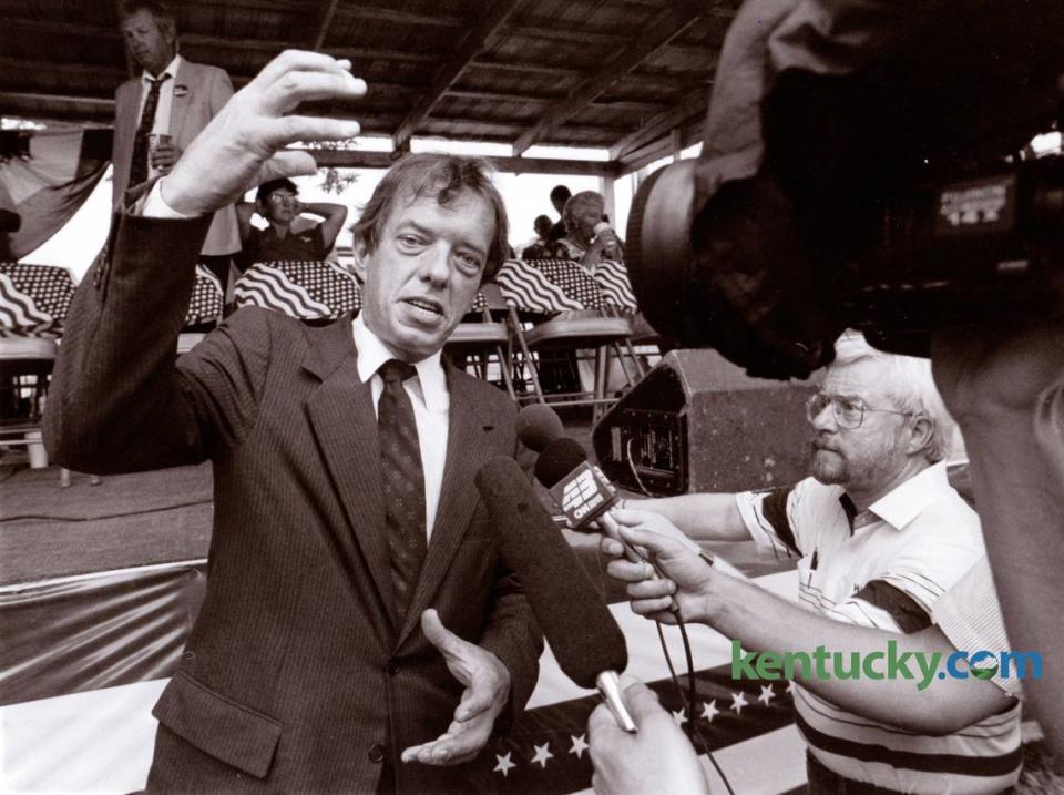 Lexington attorney Gatewood Galbraith talked with reporters before his speech at the 1990 Fancy Farm picnic.