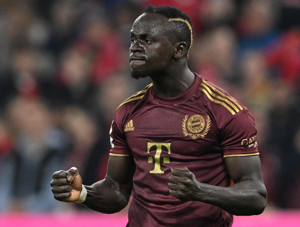 Bayern Munich's Senegalese forward Sadio Mane reacts during the German first division Bundesliga football match between FC Bayern Munich and Bayer 04 Leverkusen in Munich on September 30, 2022. - DFL REGULATIONS PROHIBIT ANY USE OF PHOTOGRAPHS AS IMAGE SEQUENCES AND/OR QUASI-VIDEO (Photo by CHRISTOF STACHE / AFP) / DFL REGULATIONS PROHIBIT ANY USE OF PHOTOGRAPHS AS IMAGE SEQUENCES AND/OR QUASI-VIDEO (Photo by CHRISTOF STACHE/AFP via Getty Images)