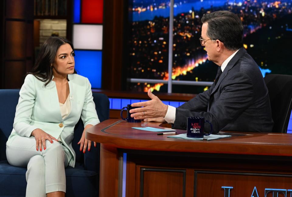 Tahari ASL blazer and pants suit, Rep. Alexandria Ocasio-Cortez on 'The Late Show With Stephen Colbert' 