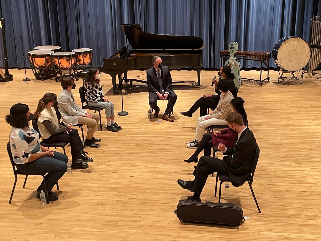 Second Gentleman Doug Emhoff meets with students at the Milwaukee Youth Arts Center Jan. 24.