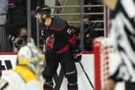 Carolina Hurricanes center Jordan Staal (11) reacts after scoring against the Nashville Predators during overtime in Game 5 of an NHL hockey Stanley Cup first-round playoff series in Raleigh, N.C., Tuesday, May 25, 2021. (AP Photo/Gerry Broome)