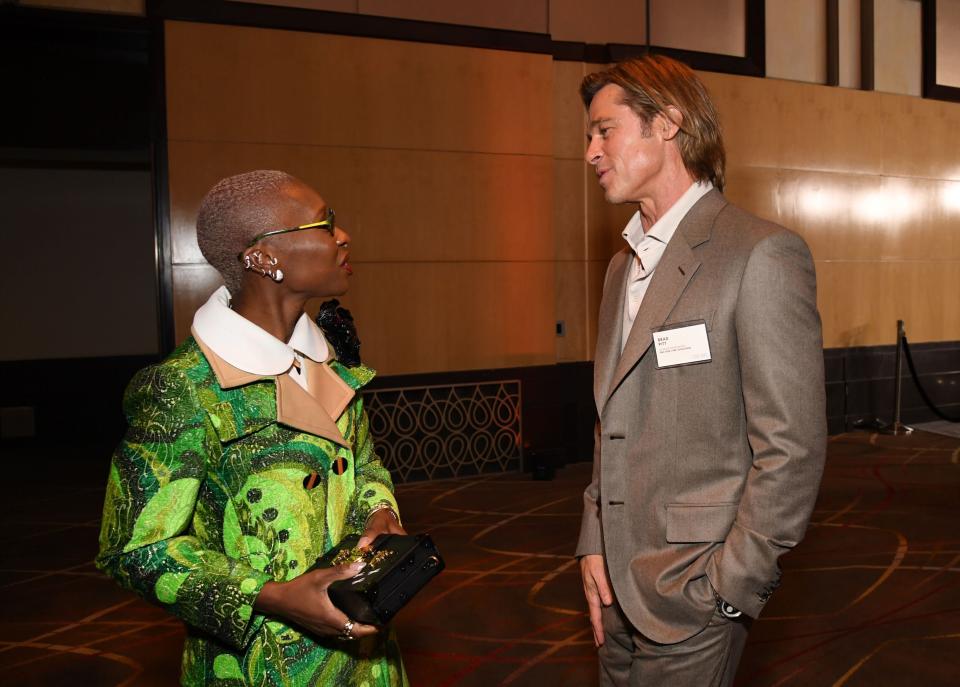 Cynthia Erivo and Brad Pitt at the 2020 Oscars nominees luncheon in Hollywood on Jan. 27.